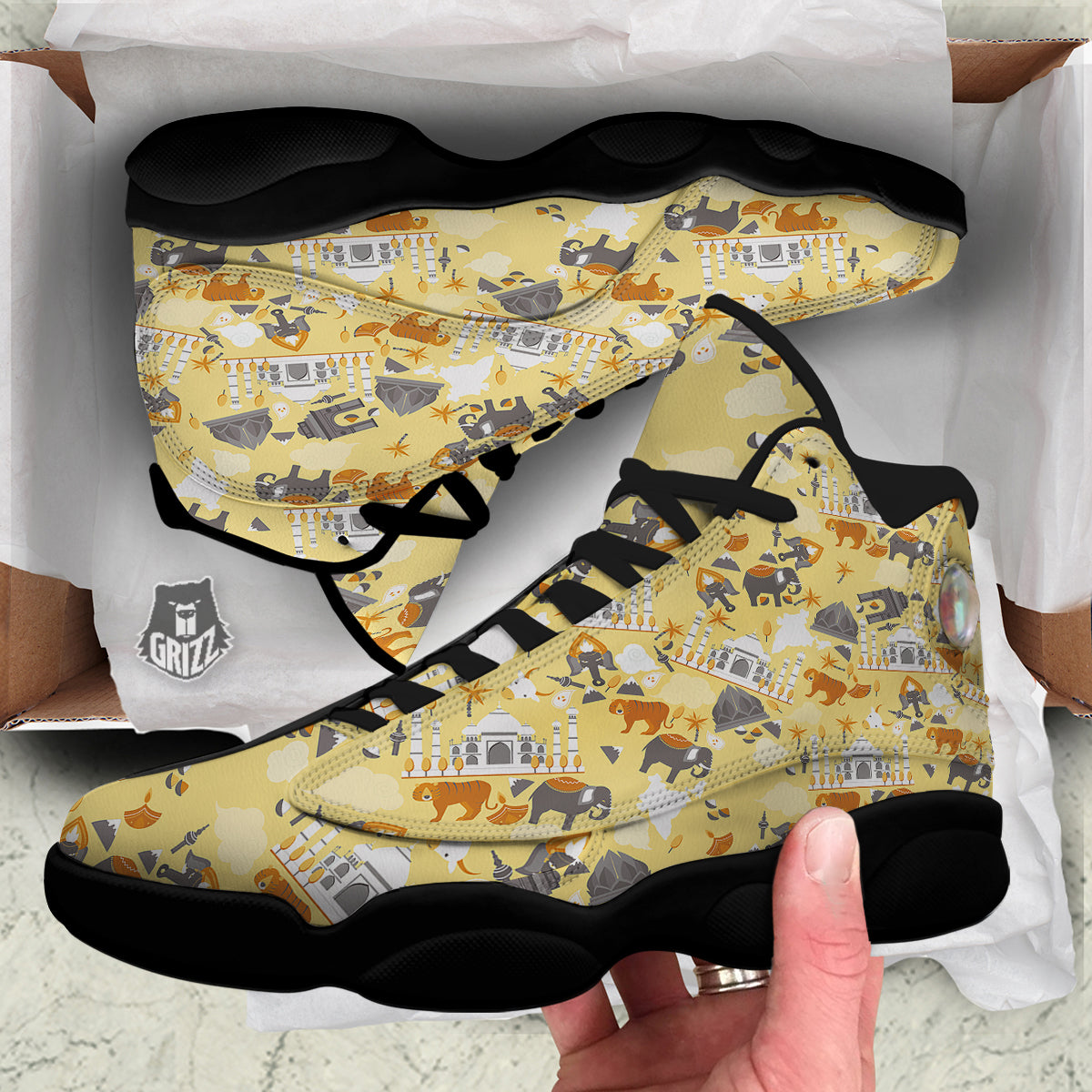 Tiger And Asian Elephant Print Black Basketball Shoes-grizzshop