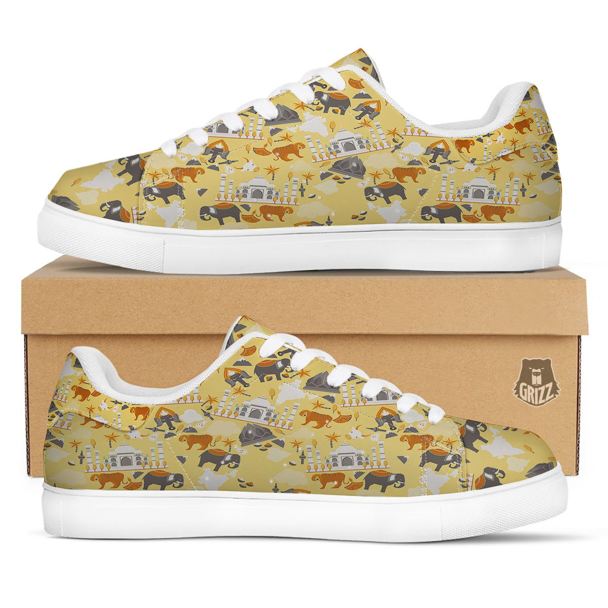 Tiger And Asian Elephant Print White Low Top Sneakers-grizzshop