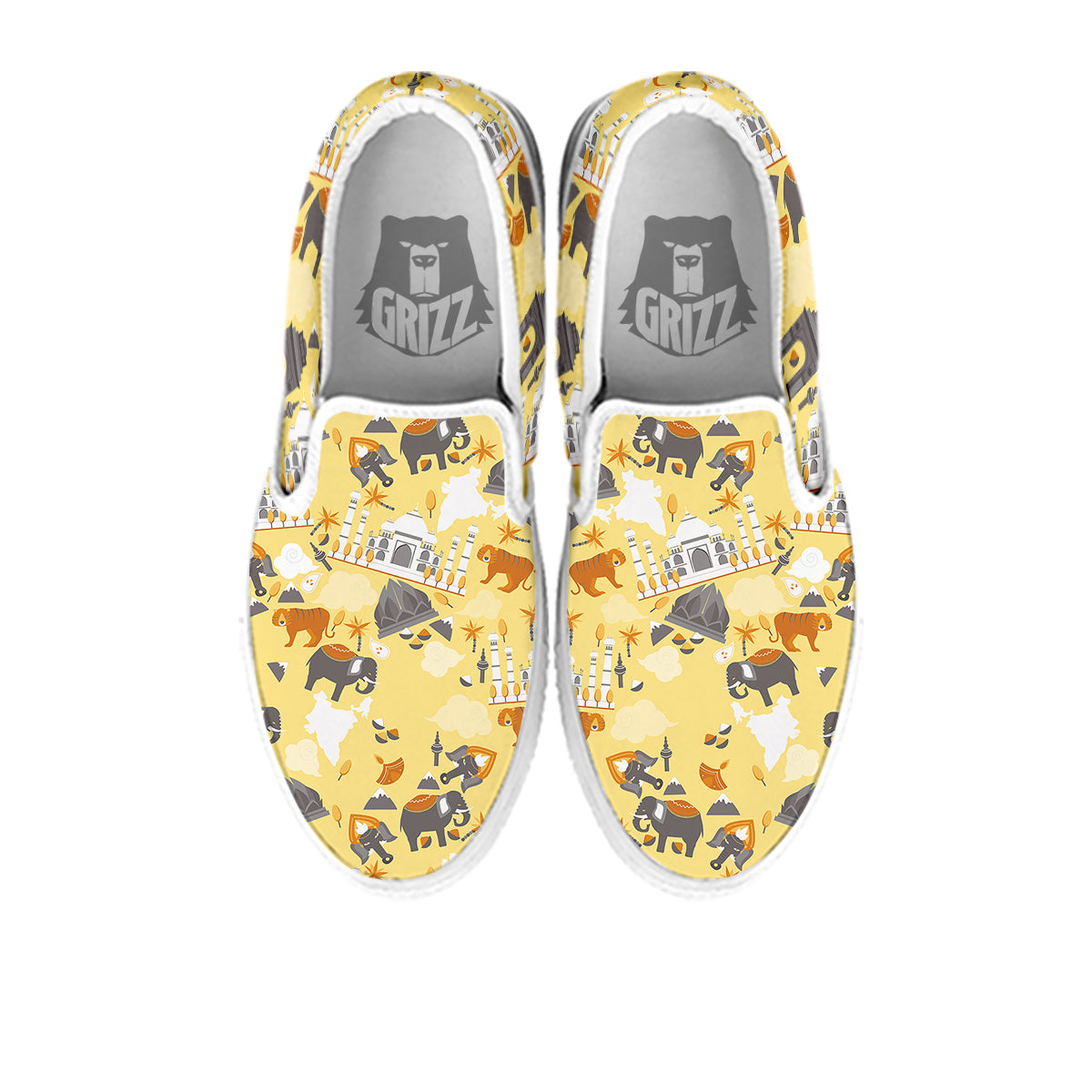 Tiger And Asian Elephant Print White Slip On Shoes-grizzshop