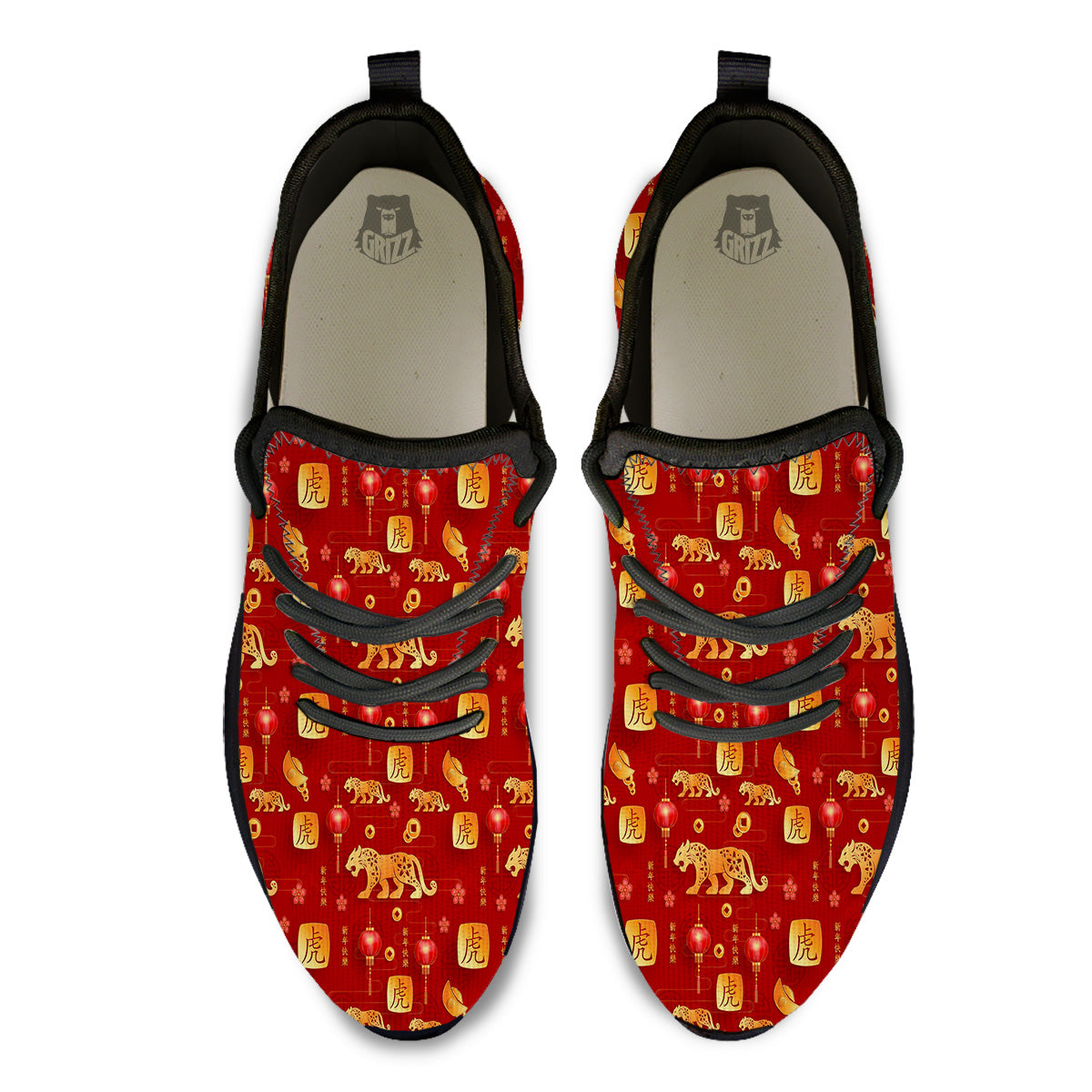 Tiger And Chinese New Year Print Pattern Black Athletic Shoes-grizzshop
