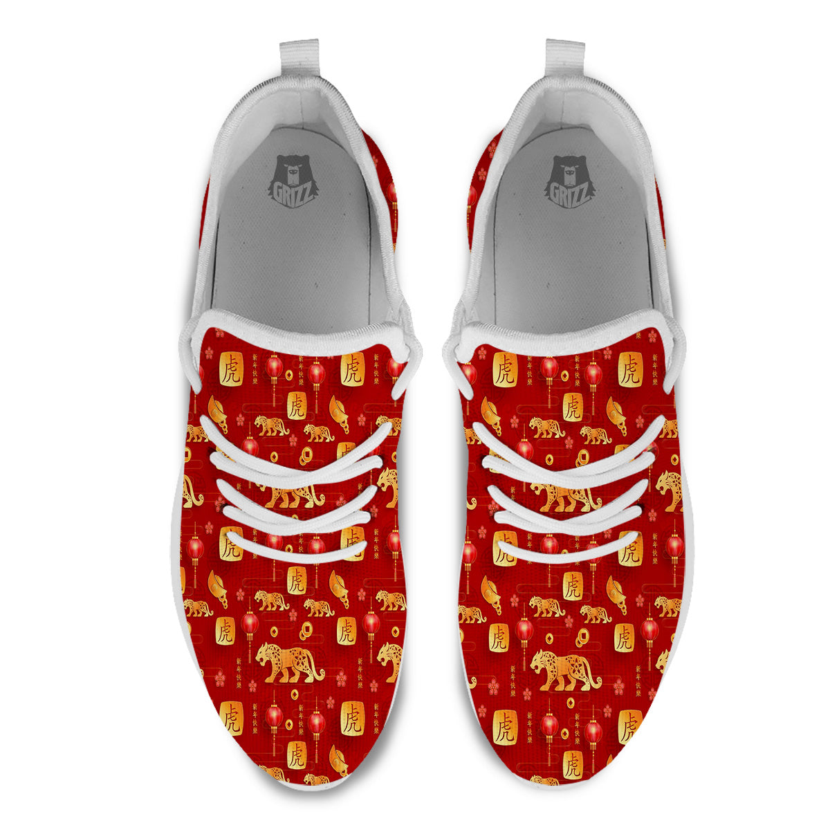 Tiger And Chinese New Year Print Pattern White Athletic Shoes-grizzshop