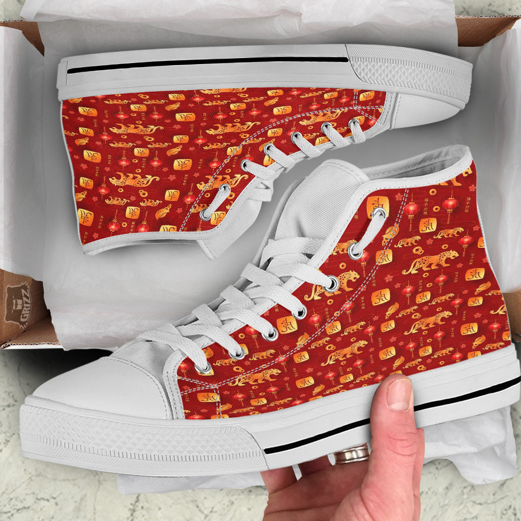 Tiger And Chinese New Year Print Pattern White High Top Shoes-grizzshop