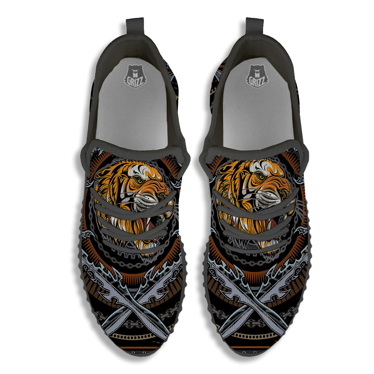 Tiger And Crossed Swords Print Black Walking Shoes-grizzshop