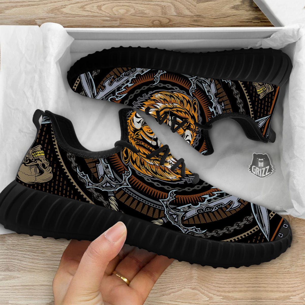 Tiger And Crossed Swords Print Black Walking Shoes-grizzshop