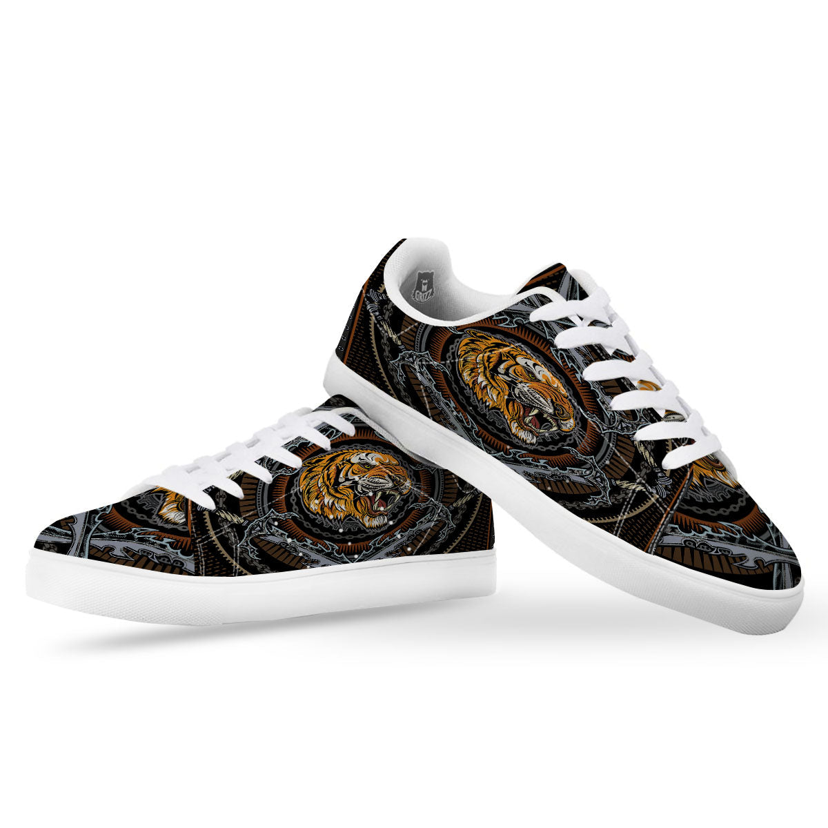 Tiger And Crossed Swords Print White Low Top Sneakers-grizzshop