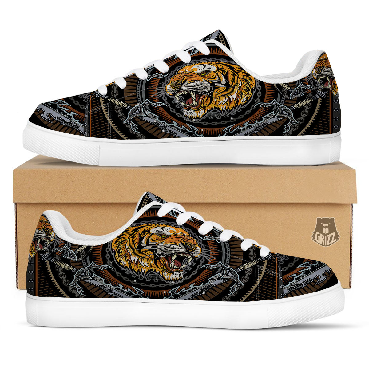 Tiger And Crossed Swords Print White Low Top Sneakers-grizzshop