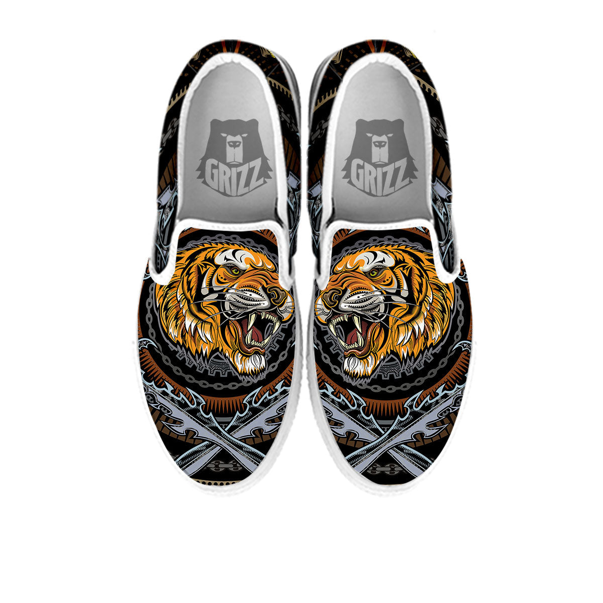 Tiger And Crossed Swords Print White Slip On Shoes-grizzshop