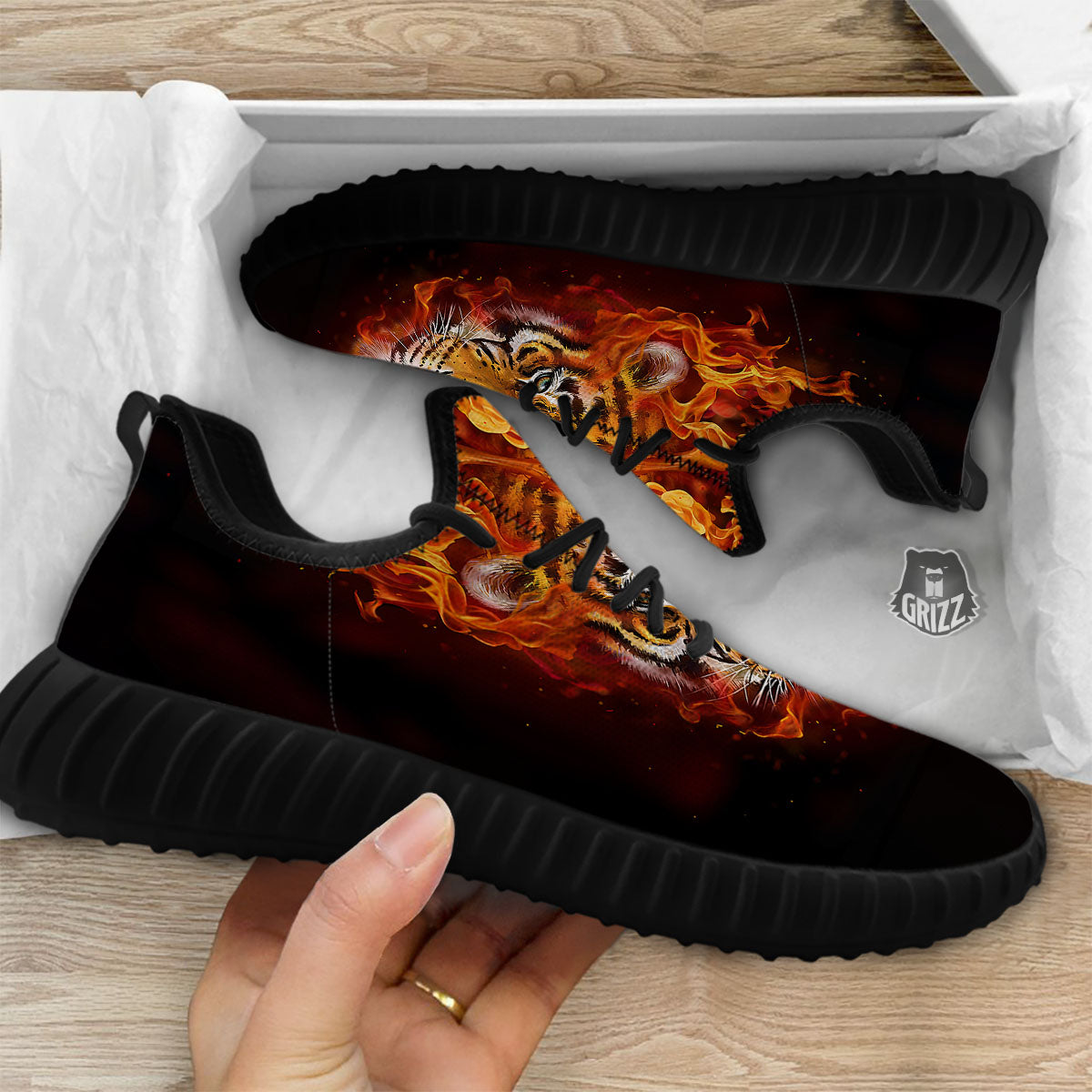 Tiger Flame Print Black Walking Shoes-grizzshop