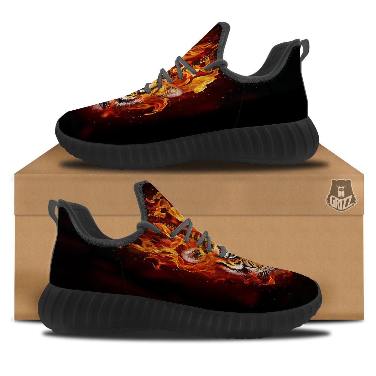 Tiger Flame Print Black Walking Shoes-grizzshop
