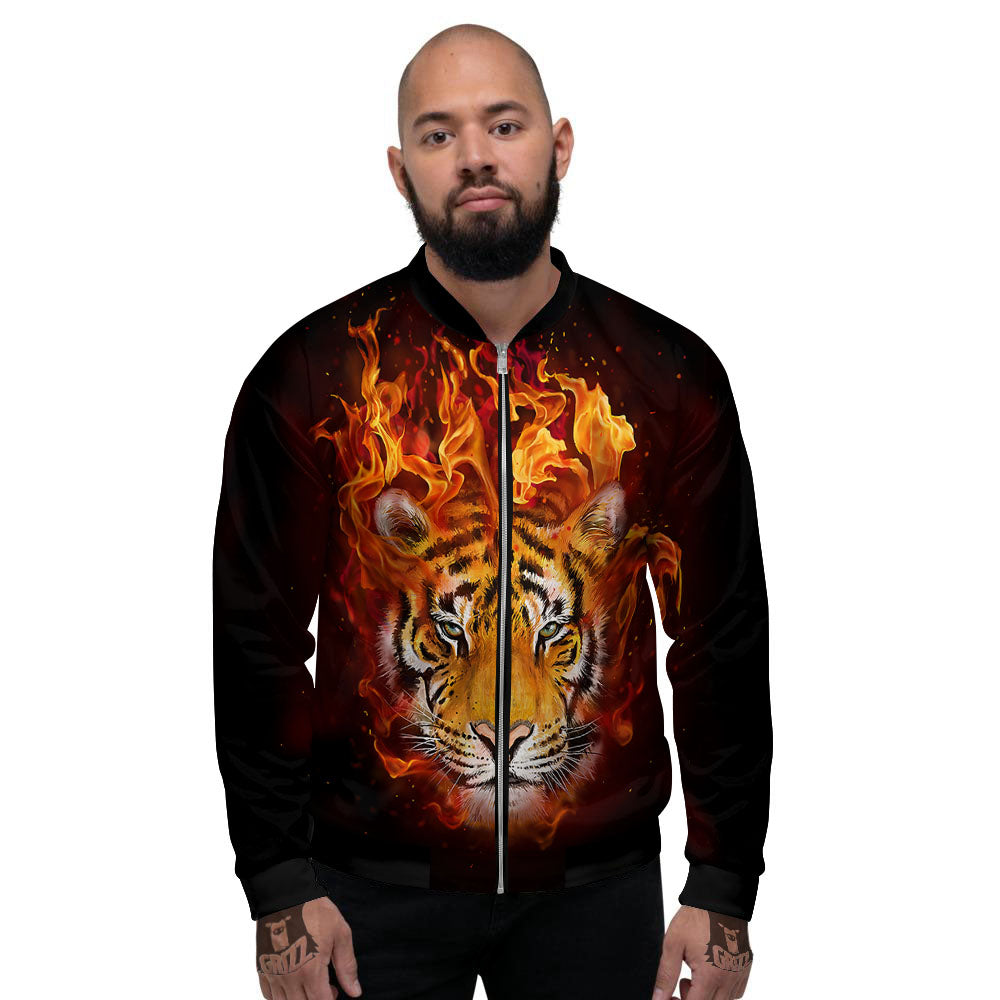 Tiger Flame Print Men's Bomber Jacket-grizzshop