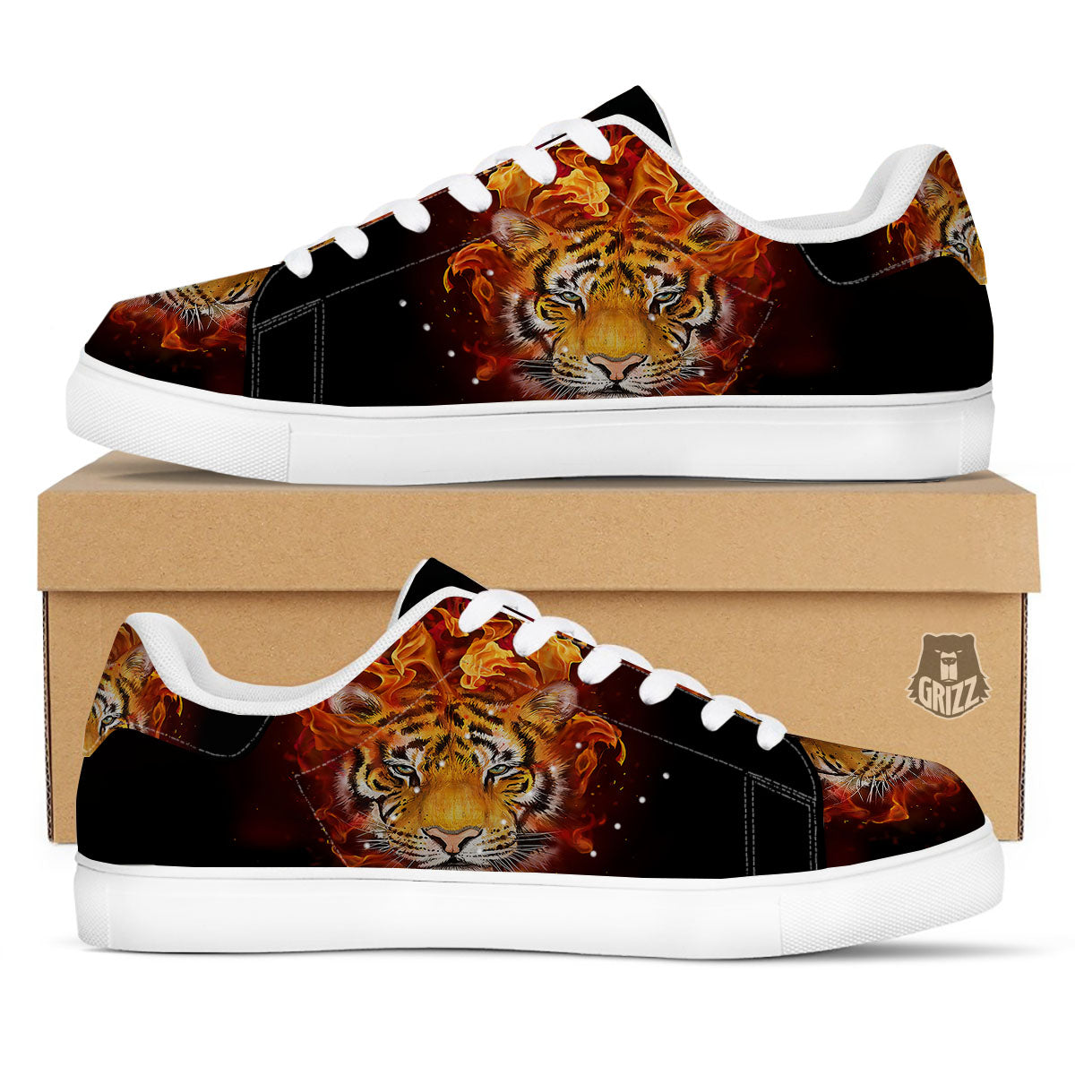 Tiger Flame Print White Low Top Sneakers-grizzshop