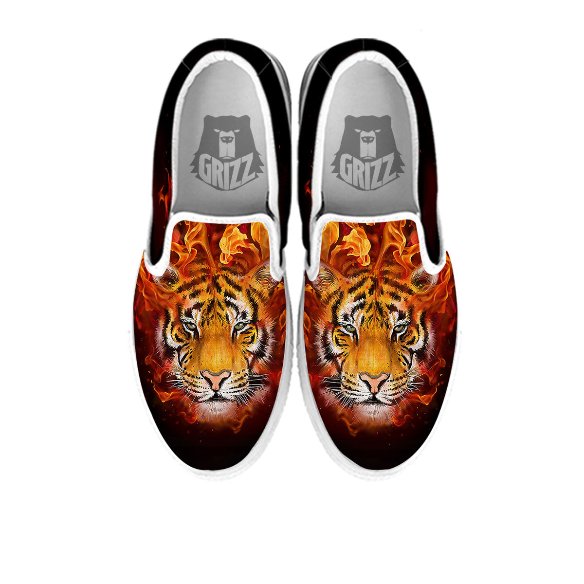Tiger Flame Print White Slip On Shoes-grizzshop