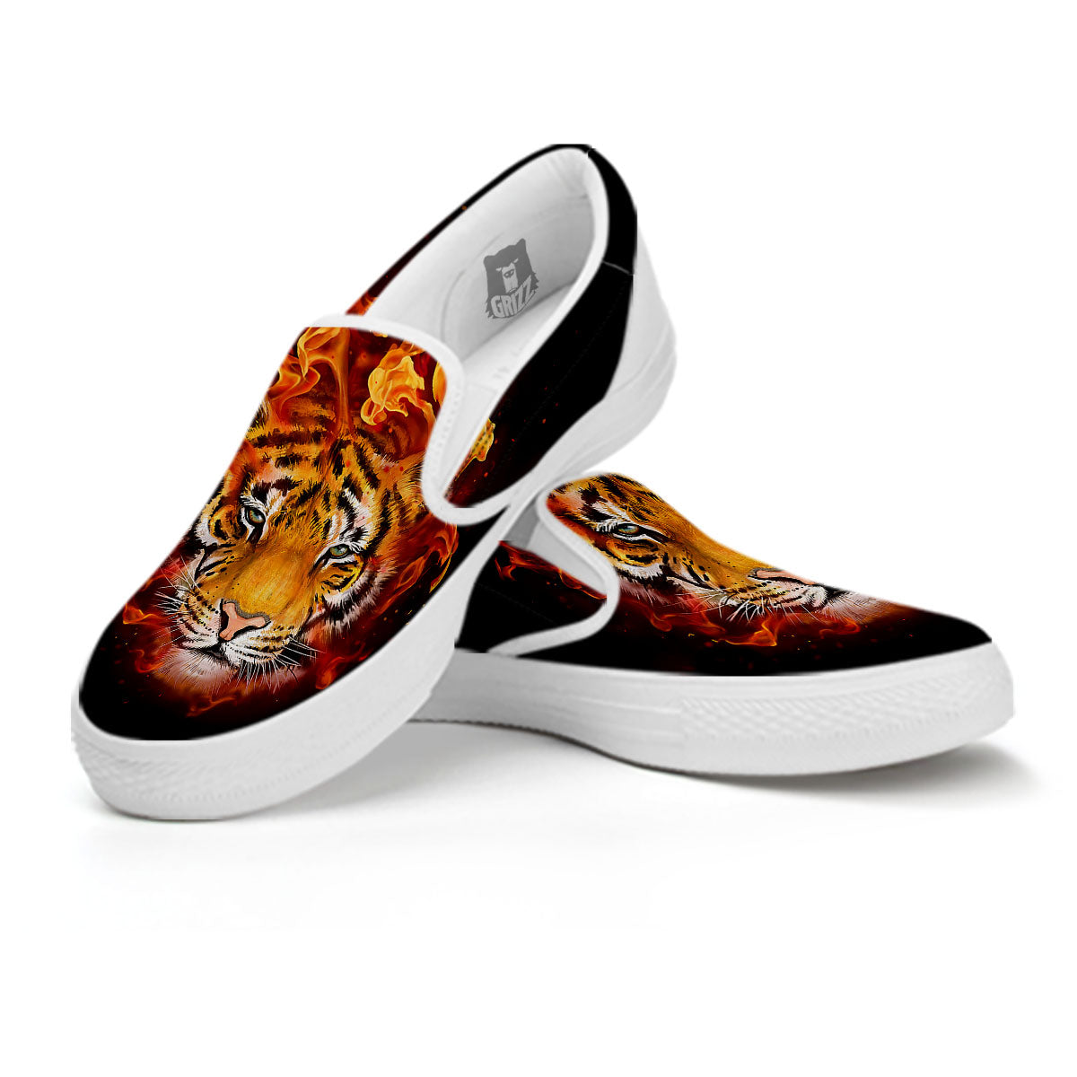 Tiger Flame Print White Slip On Shoes-grizzshop