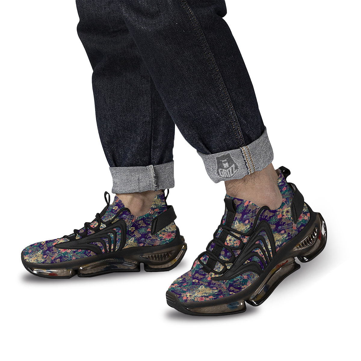 Tiger Flower And Print Pattern Black Gym Shoes-grizzshop