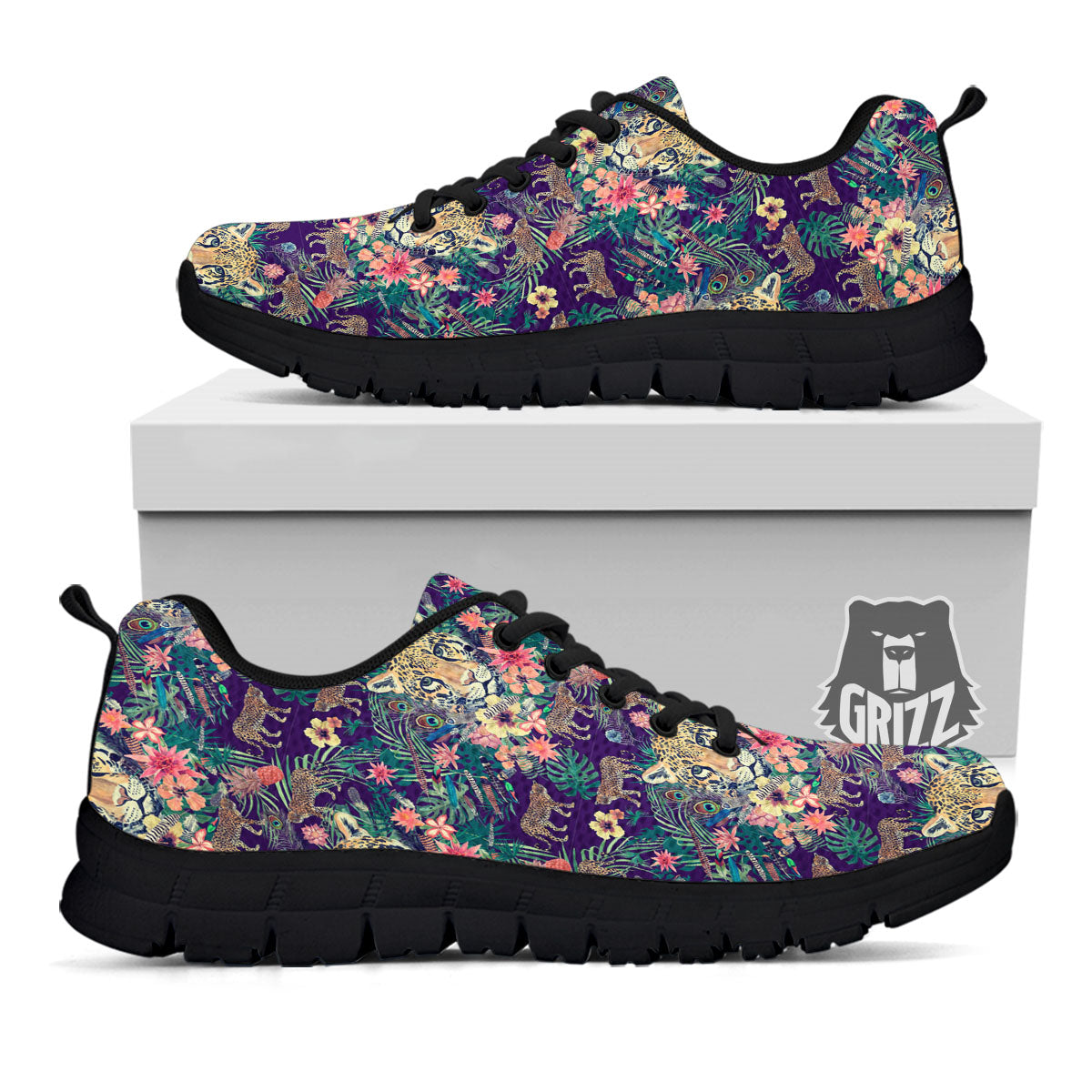Tiger Flower And Print Pattern Black Sneaker-grizzshop