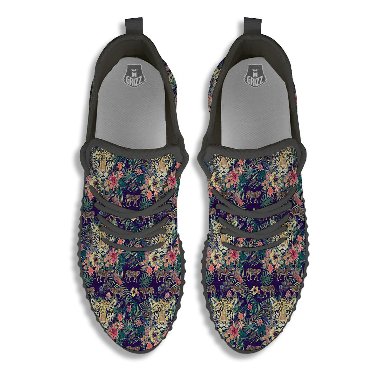 Tiger Flower And Print Pattern Black Walking Shoes-grizzshop