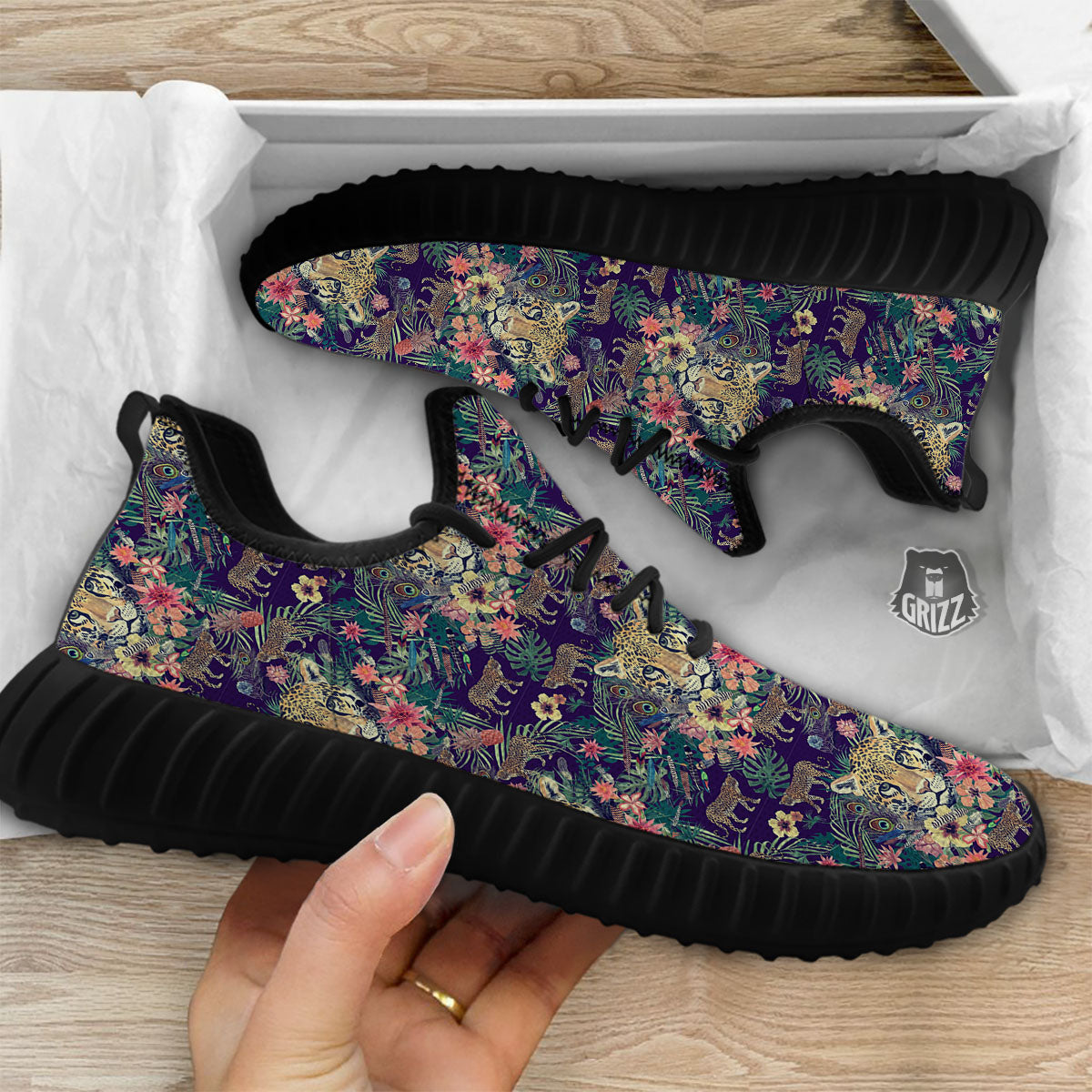 Tiger Flower And Print Pattern Black Walking Shoes-grizzshop