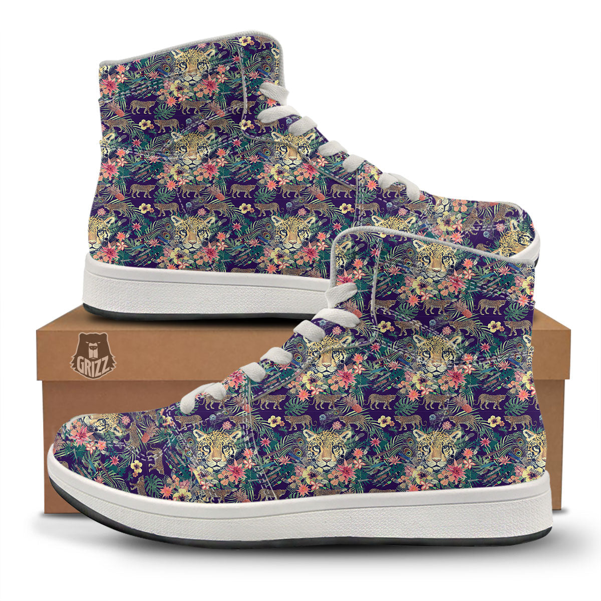 Tiger Flower And Print Pattern High Top Sneakers-grizzshop