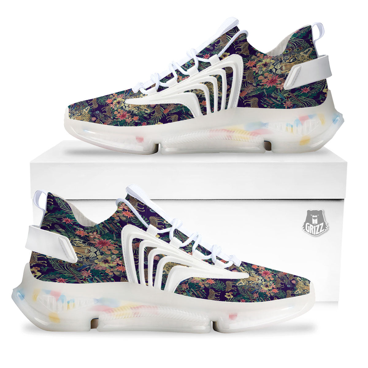 Tiger Flower And Print Pattern White Gym Shoes-grizzshop