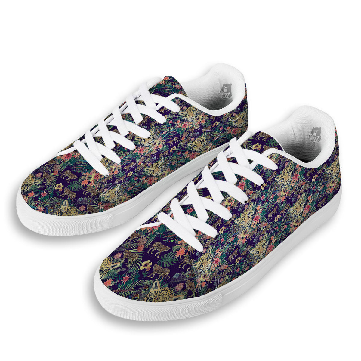 Tiger Flower And Print Pattern White Low Top Sneakers-grizzshop
