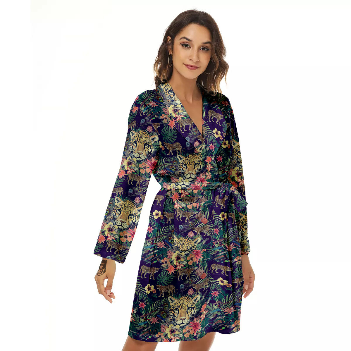Tiger Flower And Print Pattern Women's Robe-grizzshop
