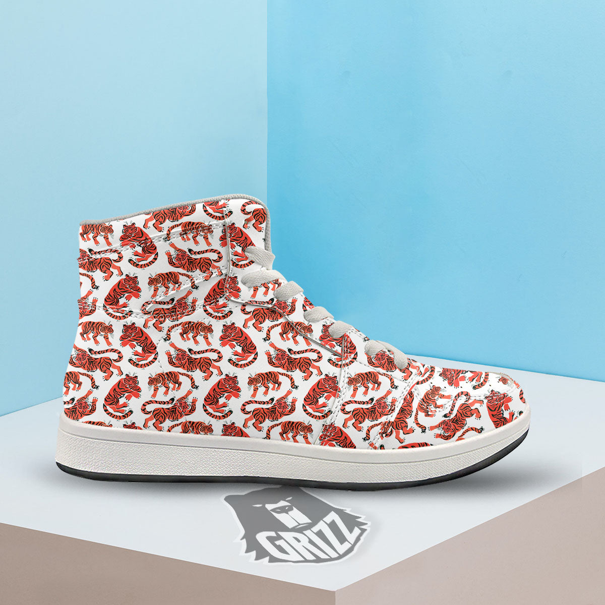 Tiger Gouache Print Pattern High Top Sneakers-grizzshop