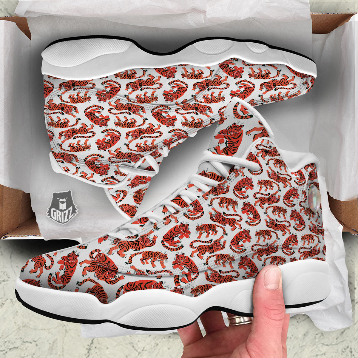 Tiger Gouache Print Pattern White Basketball Shoes-grizzshop