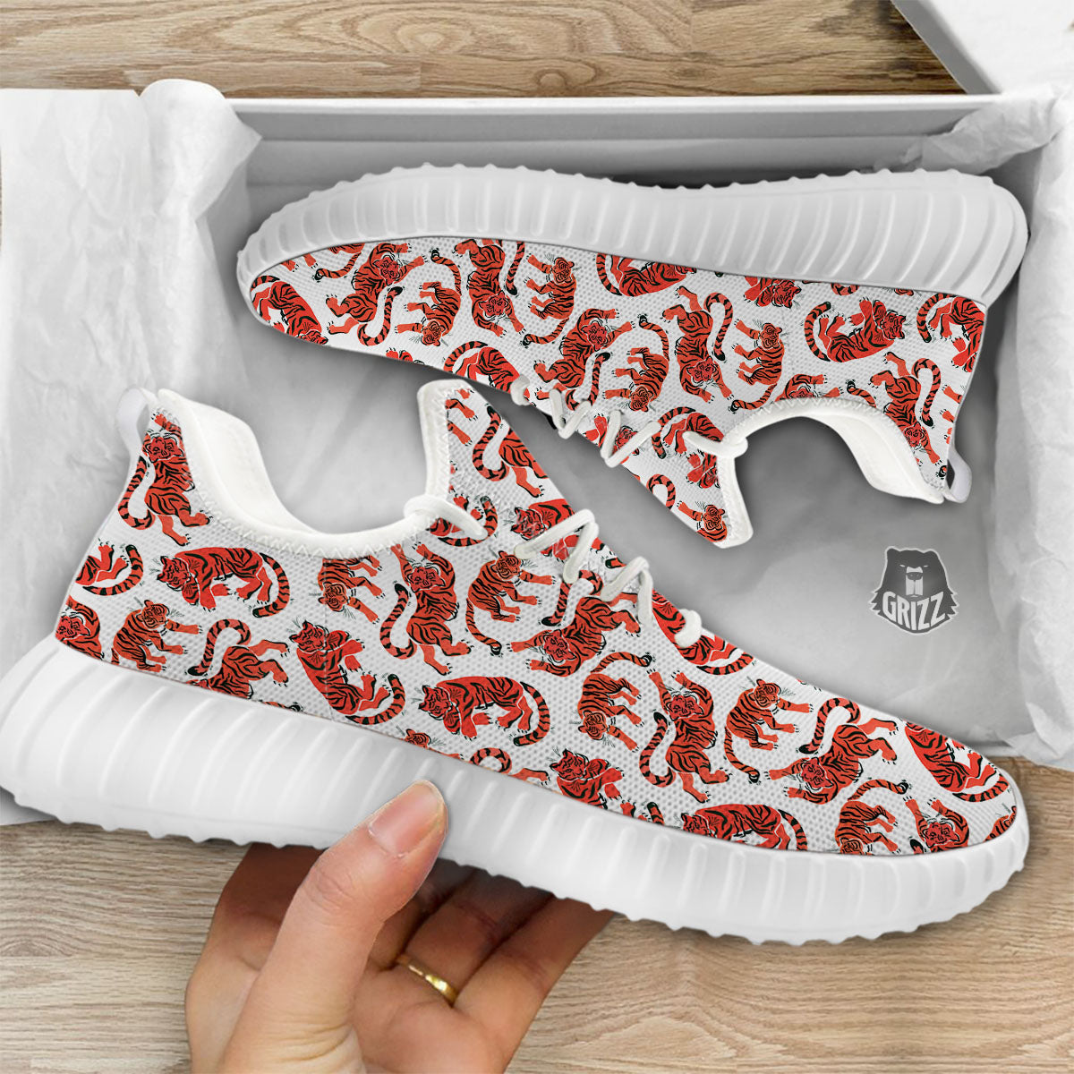 Tiger Gouache Print Pattern White Walking Shoes-grizzshop