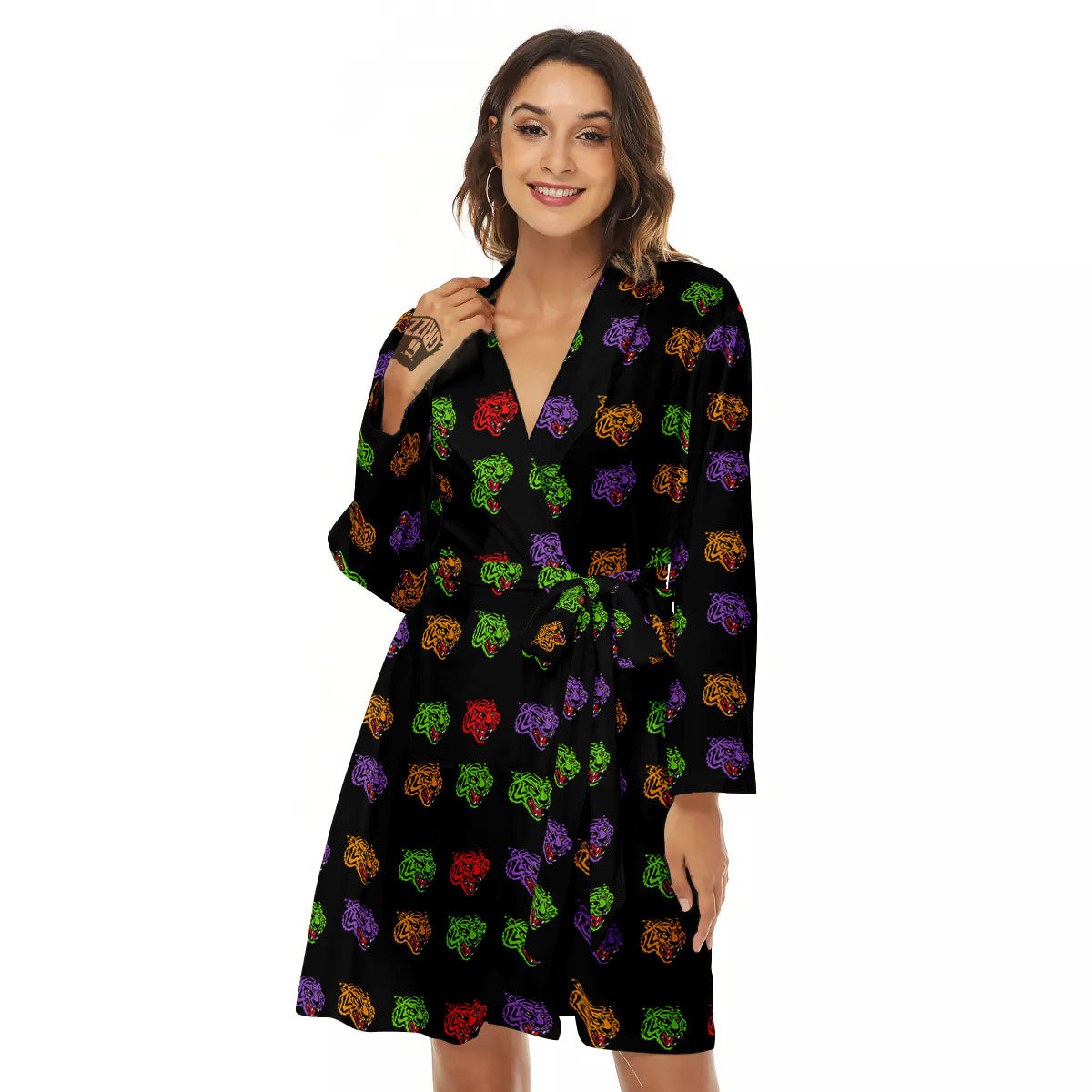 Tiger Head Colorful Print Pattern Women's Robe-grizzshop