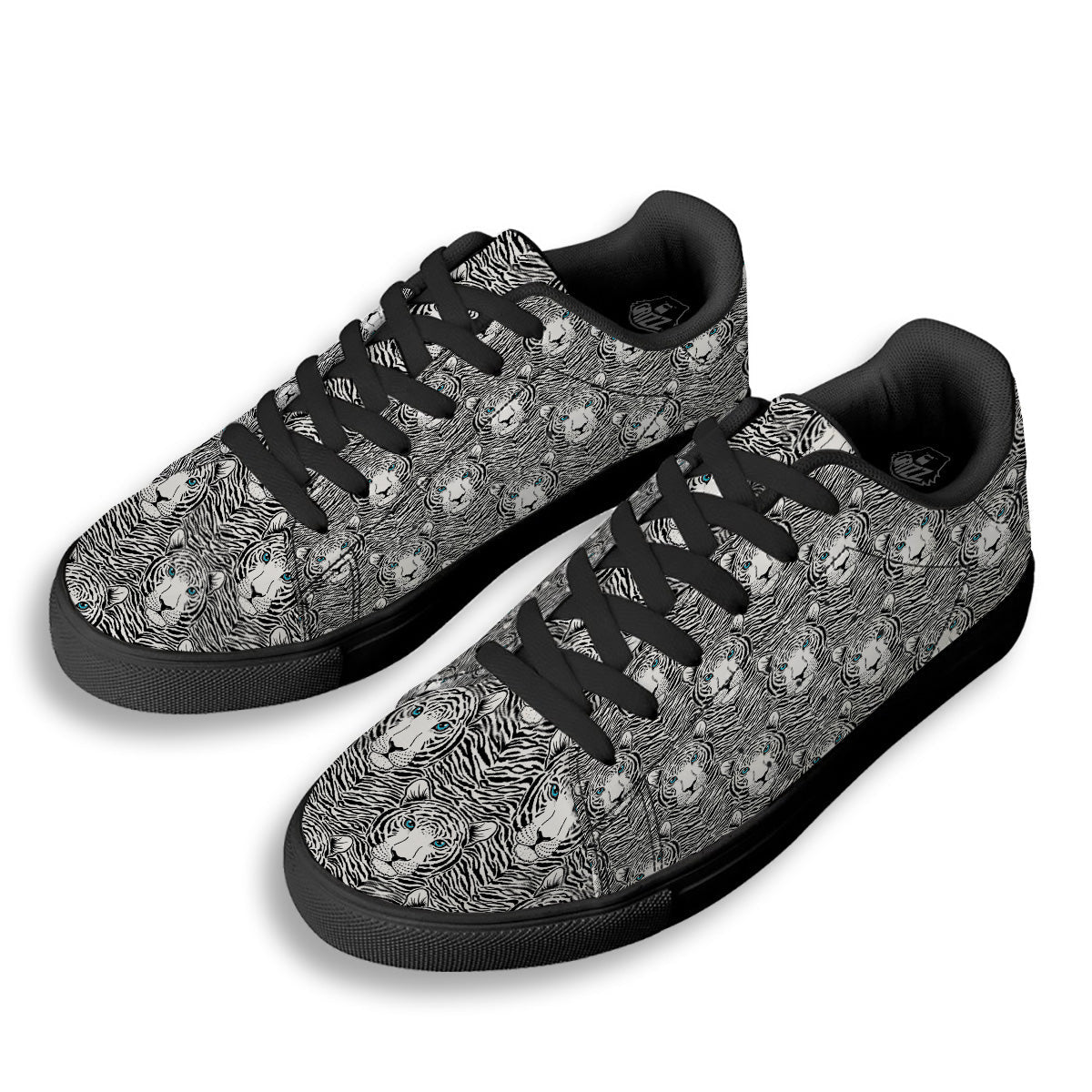 Tiger Head Striped Print Pattern Black Low Top Sneakers-grizzshop