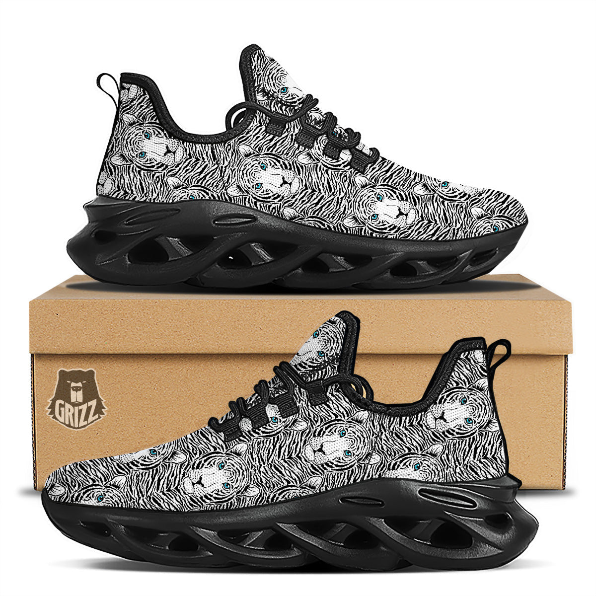 Tiger Head Striped Print Pattern Black Running Shoes-grizzshop