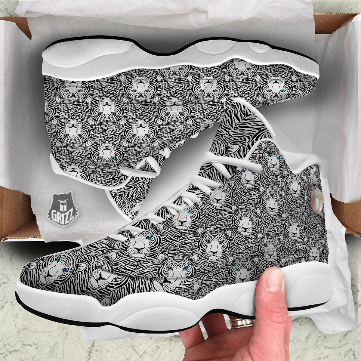 Tiger Head Striped Print Pattern White Basketball Shoes-grizzshop