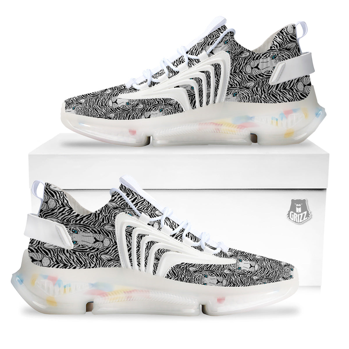 Tiger Head Striped Print Pattern White Gym Shoes-grizzshop