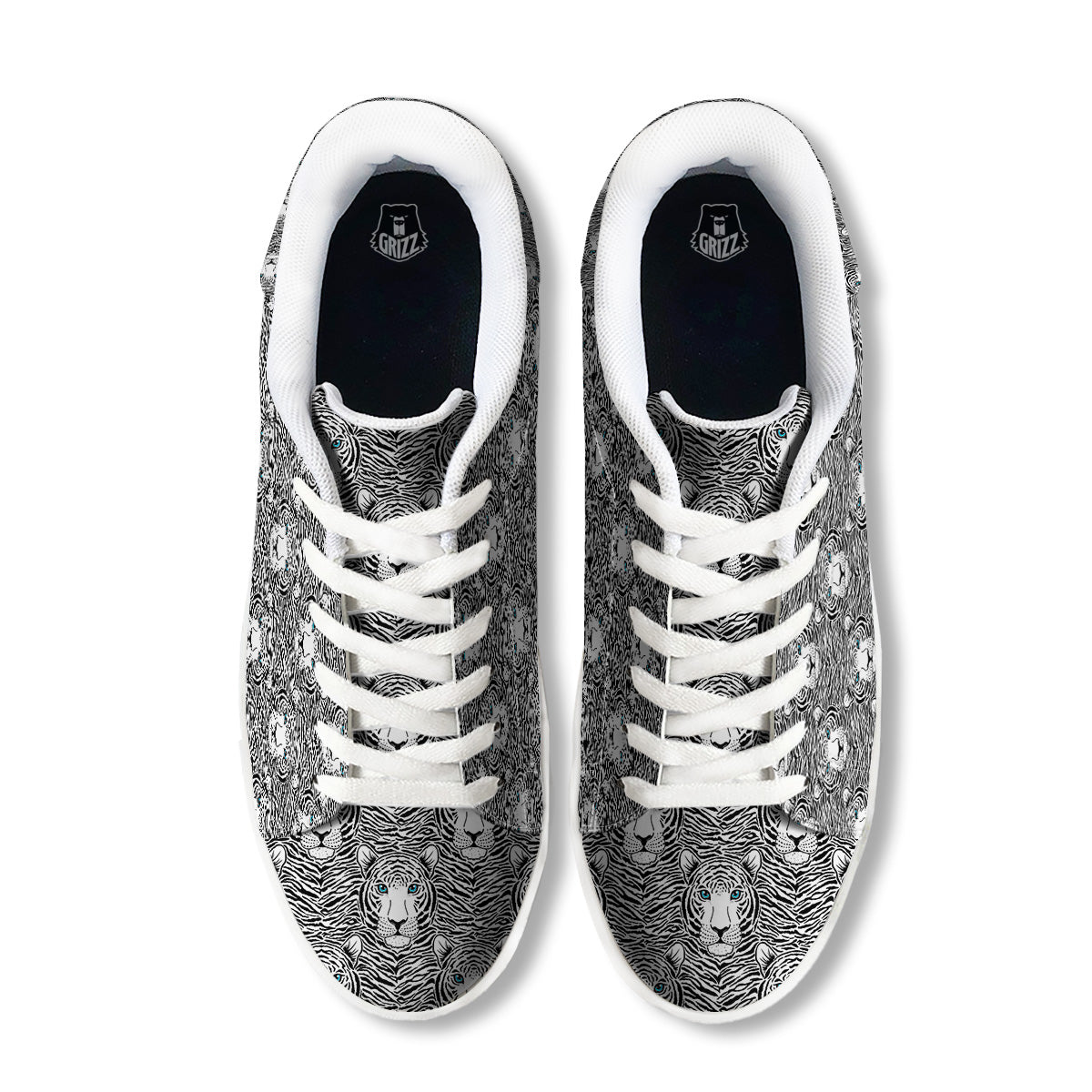 Tiger Head Striped Print Pattern White Low Top Sneakers-grizzshop