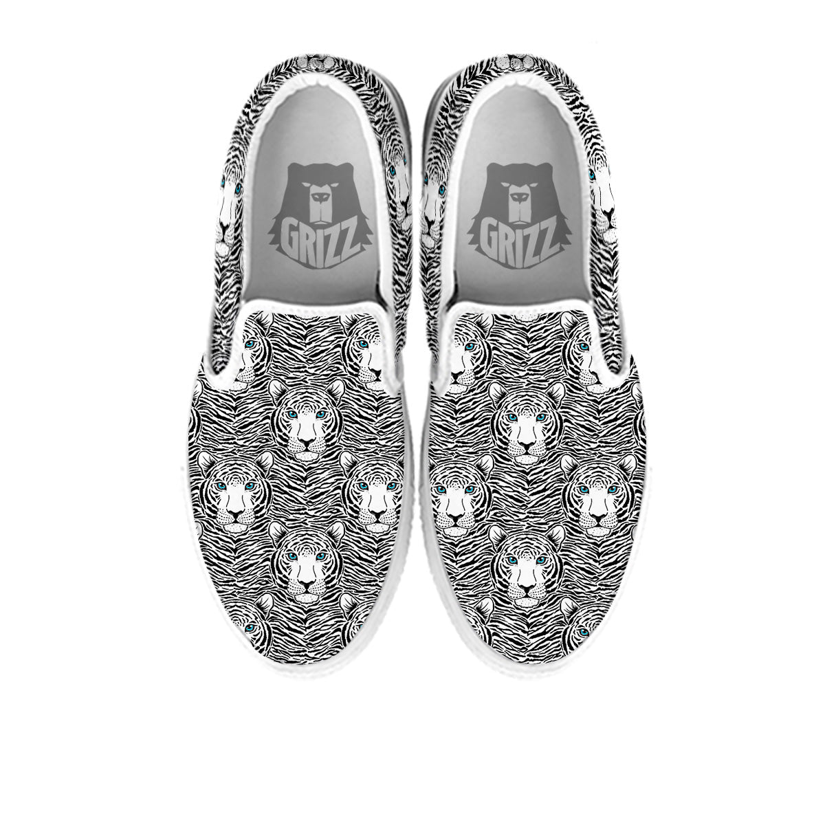Tiger Head Striped Print Pattern White Slip On Shoes-grizzshop