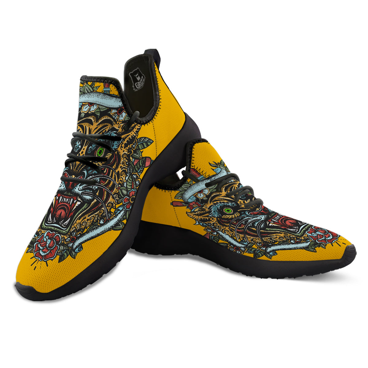 Tiger Head Tattoo Print Black Athletic Shoes-grizzshop
