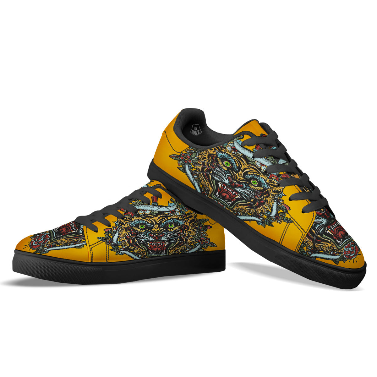 Tiger Head Tattoo Print Black Low Top Sneakers-grizzshop