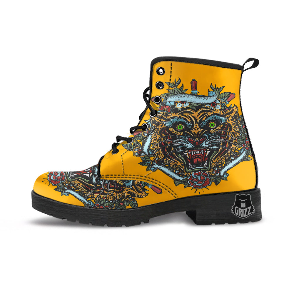 Tiger Head Tattoo Print Leather Boots-grizzshop