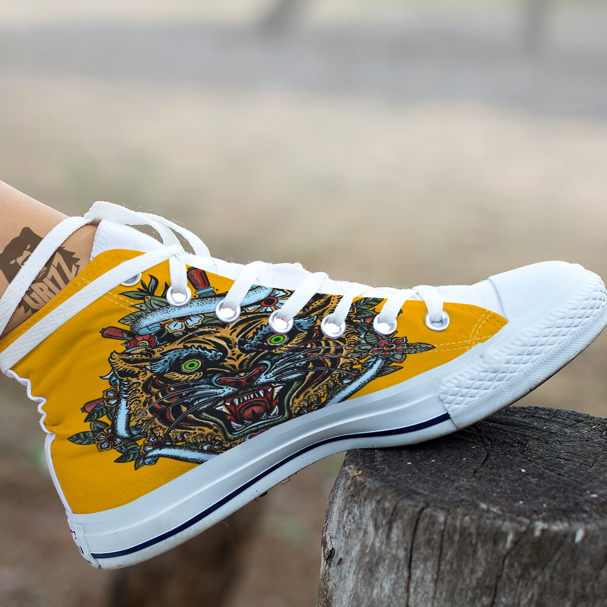 Tiger Head Tattoo Print White High Top Shoes-grizzshop