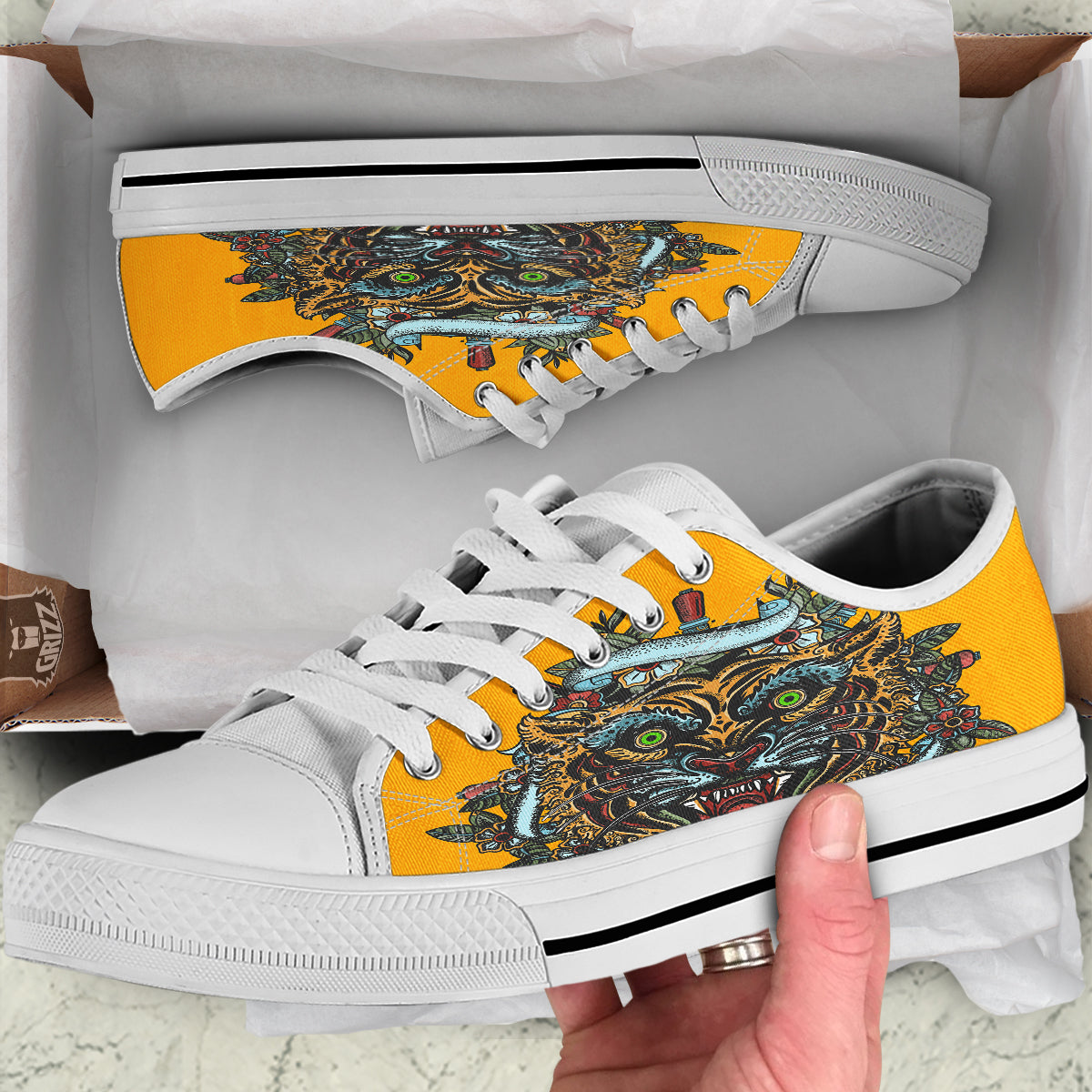 Tiger Head Tattoo Print White Low Top Shoes-grizzshop