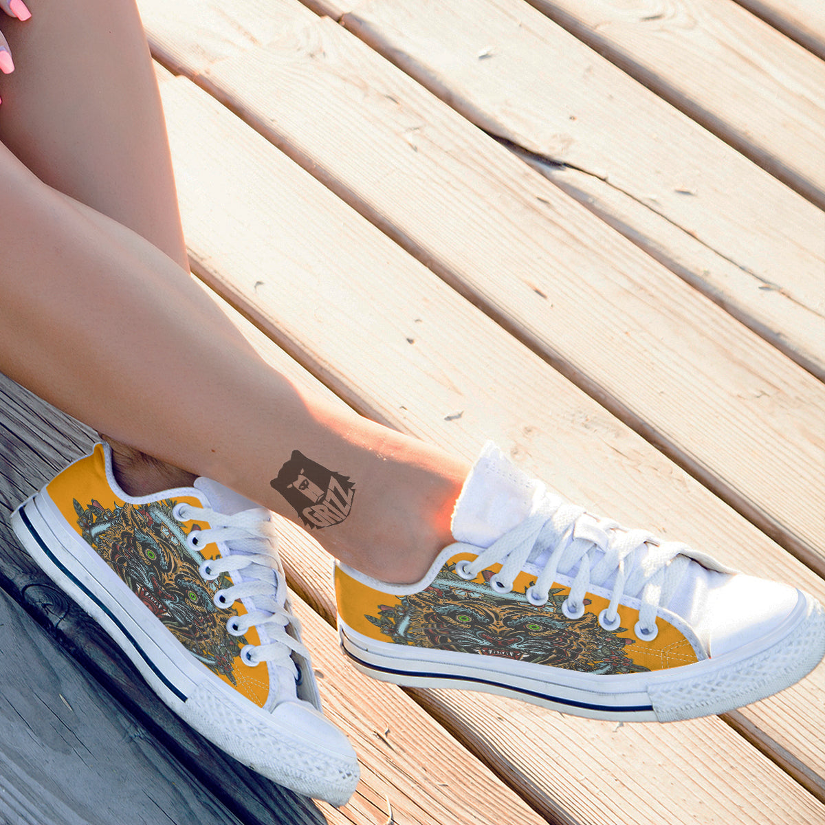 Tiger Head Tattoo Print White Low Top Shoes-grizzshop