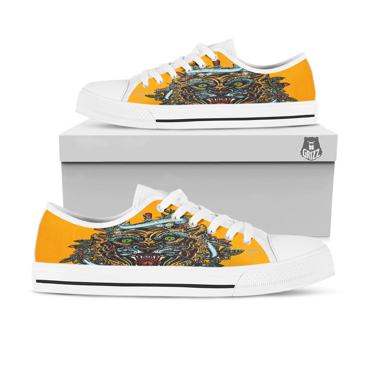 Tiger Head Tattoo Print White Low Top Shoes-grizzshop