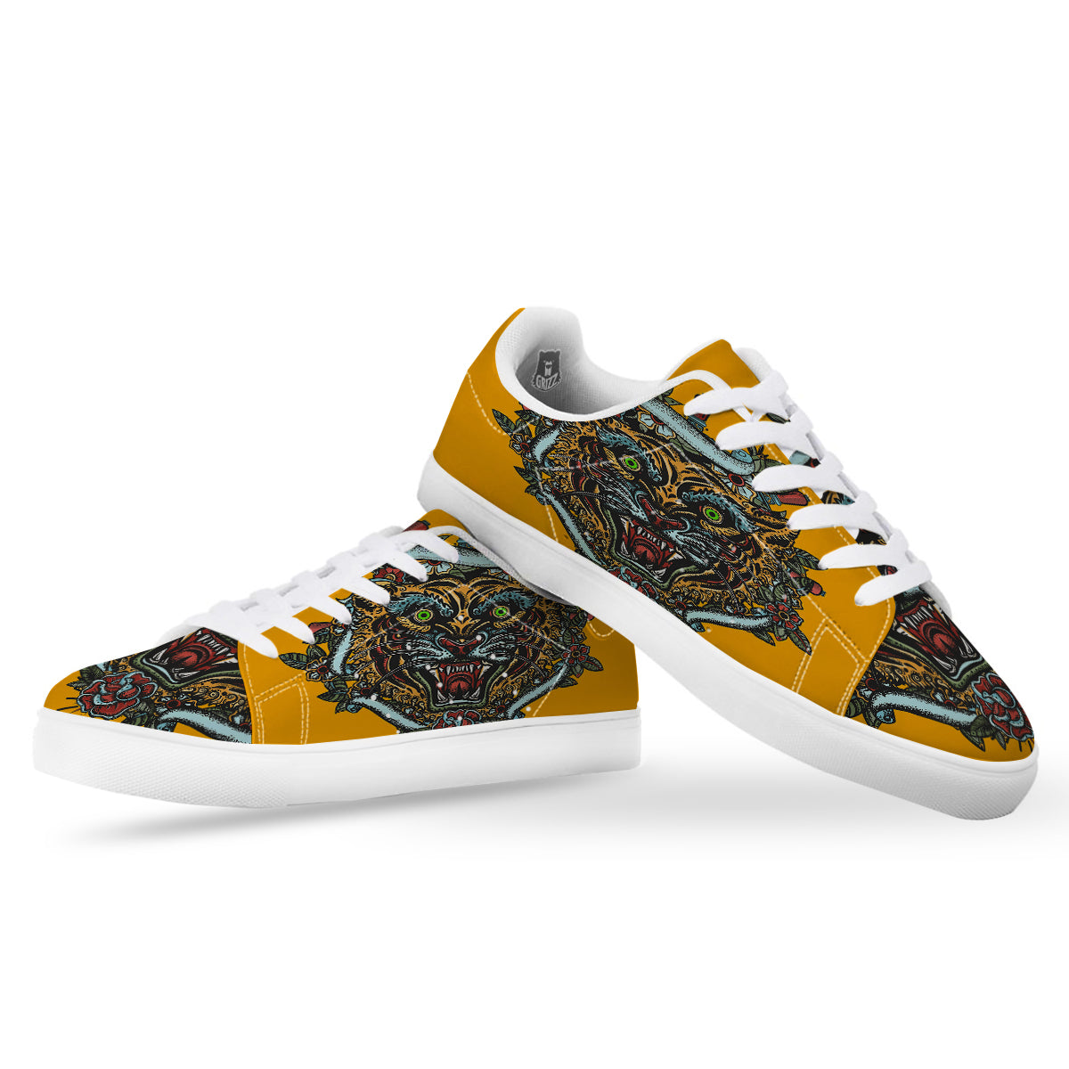 Tiger Head Tattoo Print White Low Top Sneakers-grizzshop