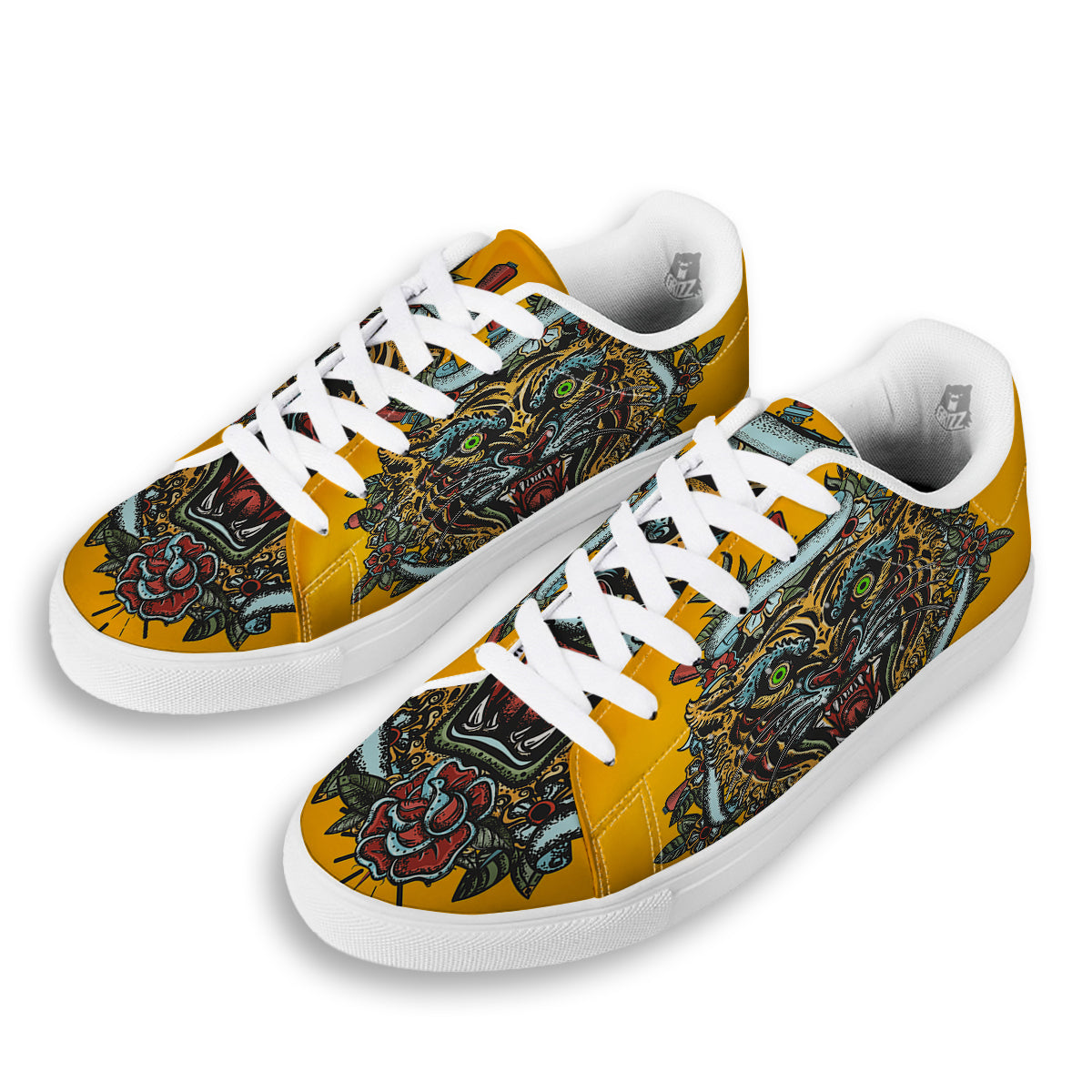 Tiger Head Tattoo Print White Low Top Sneakers-grizzshop
