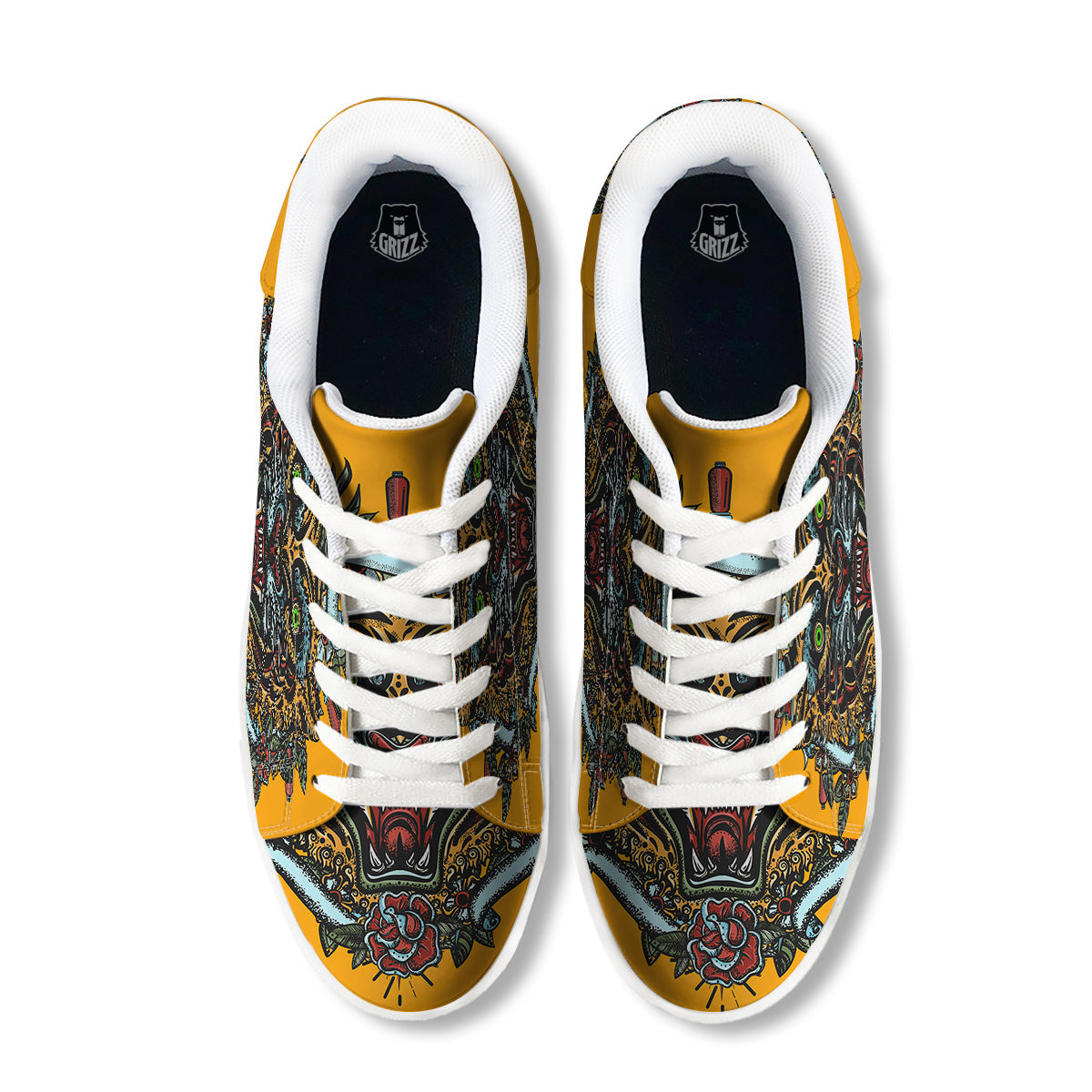 Tiger Head Tattoo Print White Low Top Sneakers-grizzshop