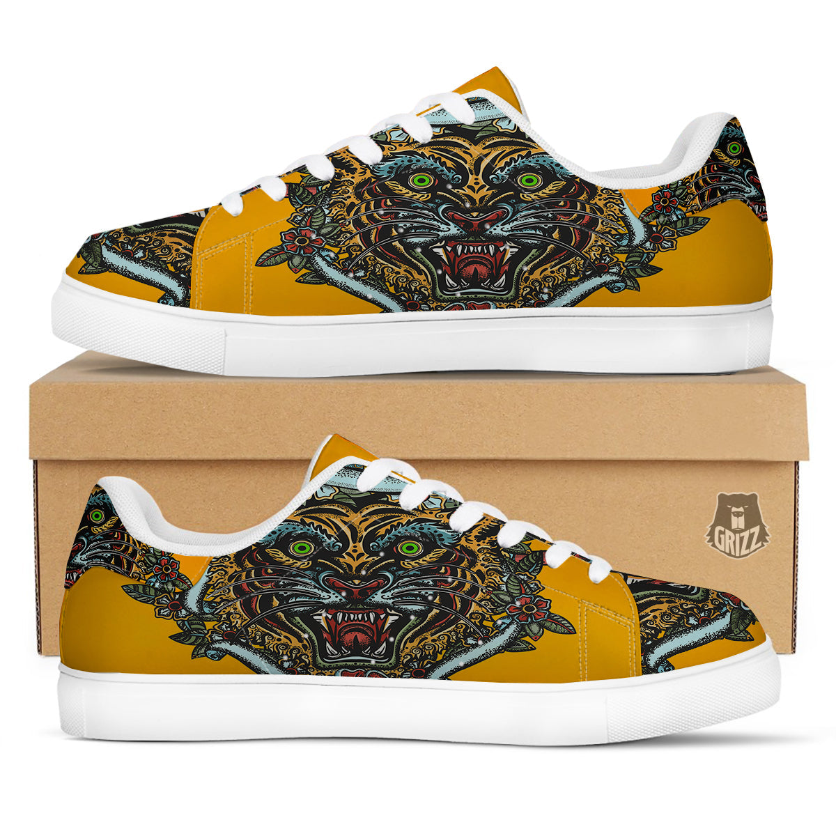 Tiger Head Tattoo Print White Low Top Sneakers-grizzshop
