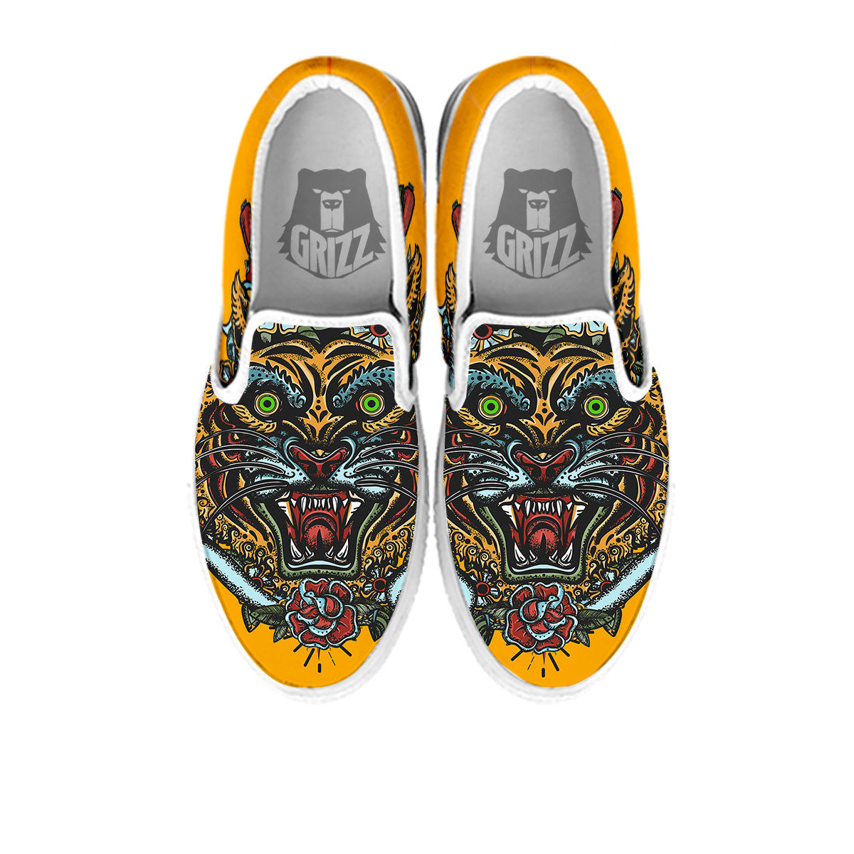 Tiger Head Tattoo Print White Slip On Shoes-grizzshop