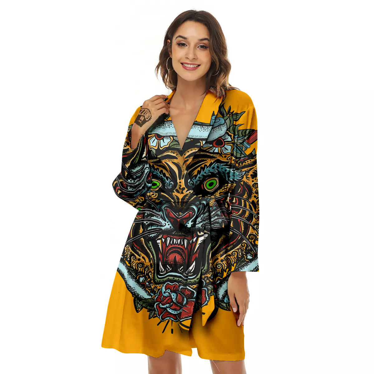 Tiger Head Tattoo Print Women's Robe-grizzshop