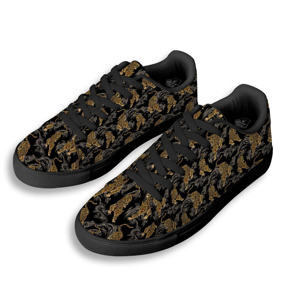 Tiger Japanese Print Pattern Black Low Top Sneakers-grizzshop
