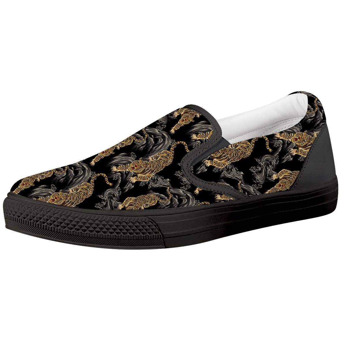 Tiger Japanese Print Pattern Black Slip On Shoes-grizzshop